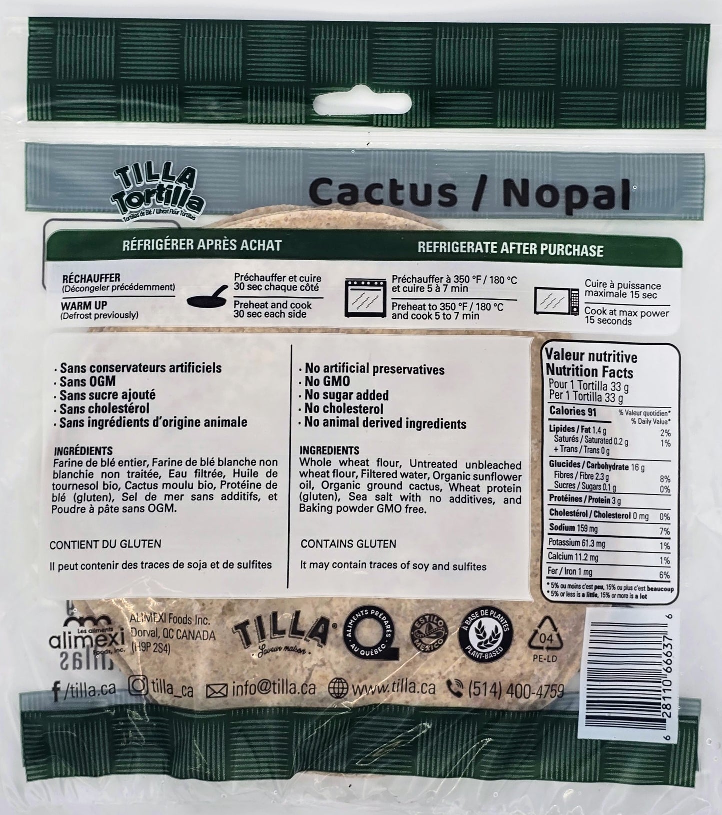 -Tilla Tortilla - Cactus/Nopal 7" - No Preservatives 200g